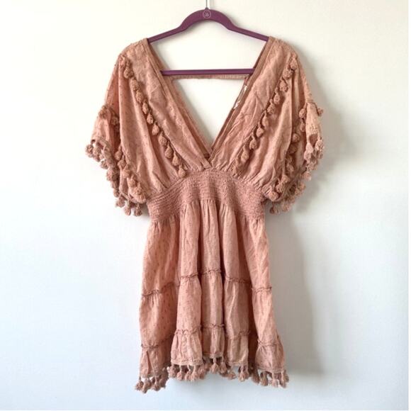 Z&L Europe Blush Pink Plunge Neck Tassel Mini Dress Cover Up Size L - Picture 7 of 12